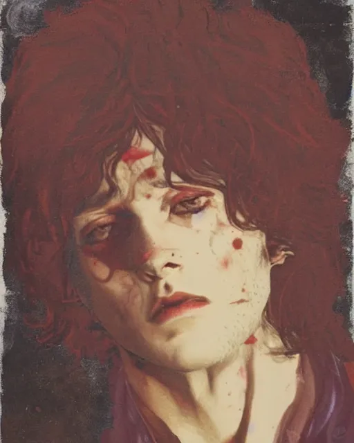 Image similar to a beautiful but sinister young man in layers of fear, with haunted eyes and wild hair, 1 9 7 0 s, seventies, woodland, a little blood, moonlight showing injuries, delicate embellishments, painterly, offset printing technique, by brom, robert henri, walter popp