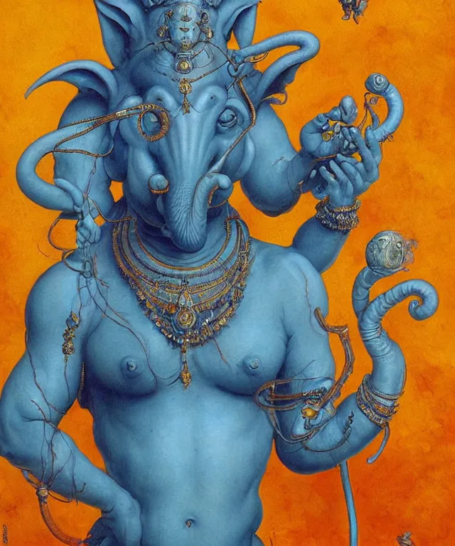 Image similar to blue ganesha with man ’ s body, glowing fiery background, in the style of peter mohrbacher, wayne barlowe, gustav moreau, bussiere, roberto ferri, santiago caruso, luis ricardo falero, austin osman spare, colorful