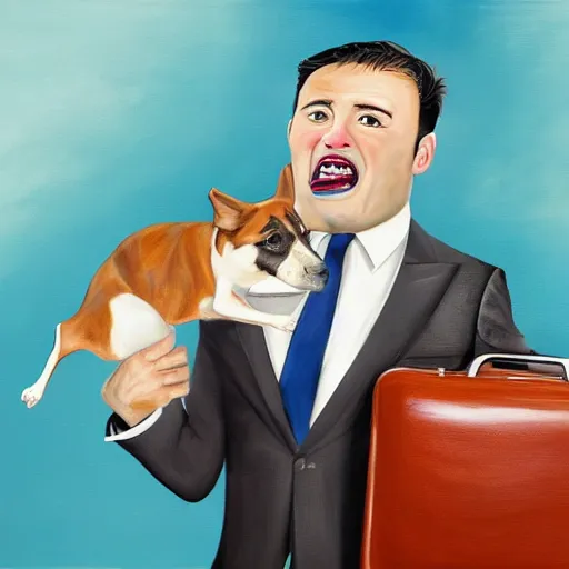 Image similar to A beautiful painting of a man, with what appears to be a dog, in a business suit with a suitcase. The man's eyes are wide and his mouth is open, as if he is screaming. The dog is also in a business suit and is looking at the man with a perplexed expression. The background is a swirl of colors and shapes. studio lighting, light violet by Wim Wenders straight