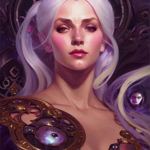 Image similar to Character Portrait of Syndra from League of Legends surrounded by nodes, face, fantasy, intricate, elegant, highly detailed, digital painting, artstation, concept art, smooth, sharp focus, illustration, art by Gregory Manchess and Fernanda Suarez and Artem Demura and alphonse mucha