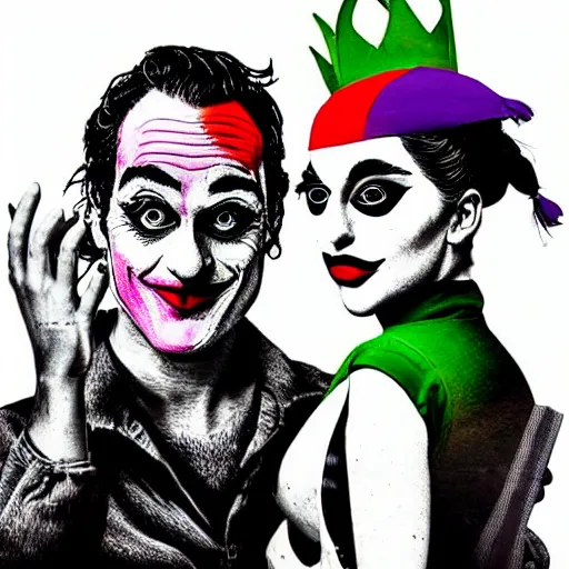 Prompt: mimmo rottela and banksy as joaquin phoenix skinny joker holding hand lady gaga harley queen, ultra photorealistic, intricate details, pop art style, concept art, 3 colors, 4 d, smooth, sharp focus