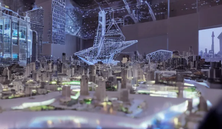 Prompt: crowd of people in simple white museum, looking at hologram of futuristic city on a table, cinematic concept art, godrays, golden hour, natural sunlight, 4 k, clear details, tabletop model buildings, center model buildings, hologram center, crane shot, crane shot, crane shot, white walls