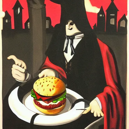 Image similar to Dracula eats a Hamburger, gothic painting