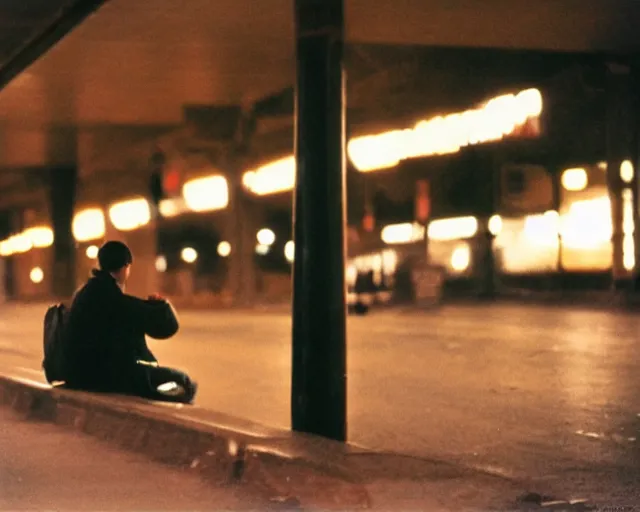 Image similar to a lomographic photo of russian lone man sitting in bus station at early evening in small town, cinestill, bokeh