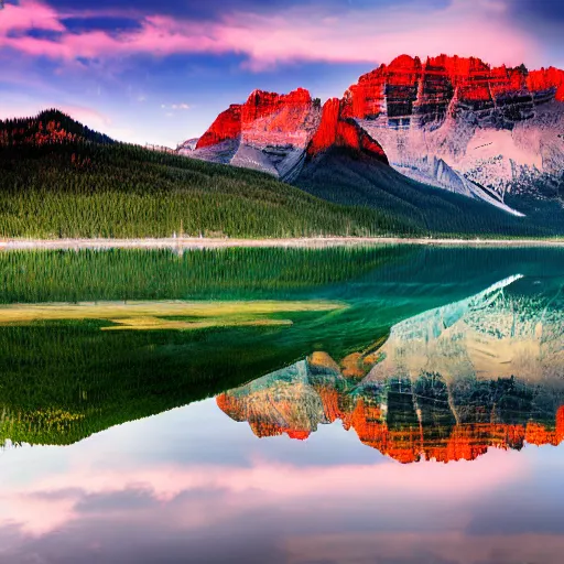 Image similar to lake louis alberta during a sunset, 4k, high detail, high-resolution photograph, professional photography, ultra-detail