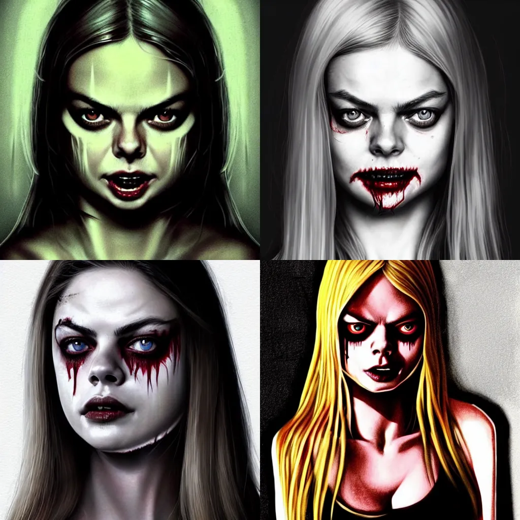 Prompt: gorgeous female Samara Weaving, horror movie slasher, slasher movie, realistic character concept, full body shot, violent pose with knife in hand, creepy evil smile, shorter neck, illustration, symmetrical face and body, realistic eyes, artstation, cinematic lighting, hyperdetailed, detailed realistic symmetrical eyes, face by artgerm, symmetrical nose, cgsociety, trees, forest, 8k, high resolution, Charlie Bowater, Tom Bagshaw, single face, insanely detailed and intricate, beautiful, elegant, vfx, postprocessing