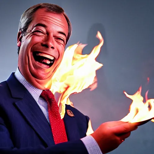 Image similar to nigel farage laughing holding burning eu flag, photograph, hd