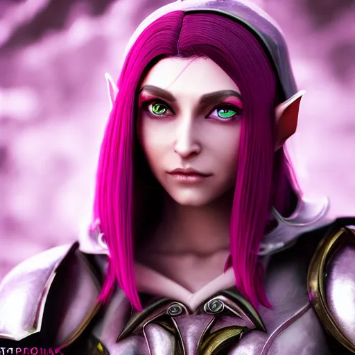 Image similar to portrait of a female high elf with magenta eyes and dark hair, 3 d octane render trending on art station 8 k