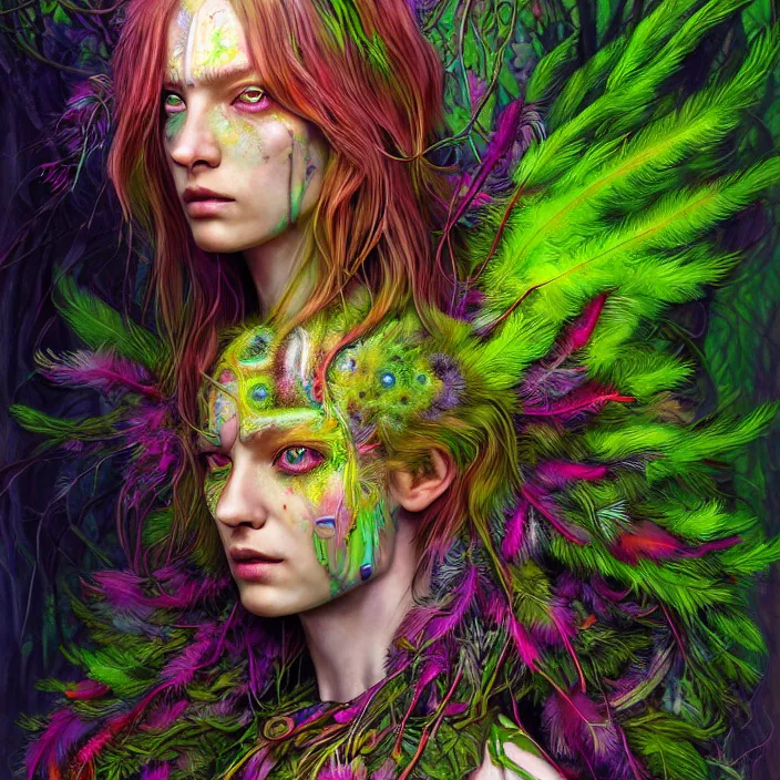 Image similar to bright psychedelic portrait of organic cyborg covered in moss and feathers in an ancient forest, diffuse lighting, fantasy, intricate, elegant, highly detailed, lifelike, photorealistic, digital painting, artstation, illustration, concept art, smooth, sharp focus, art by John Collier and Albert Aublet and Krenz Cushart and Artem Demura and Alphonse Mucha