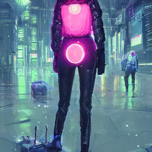 Prompt: skill magic deepdream guard girl cyberpunk futuristic, reflective puffer jacket, black leggings from the back radiating a glowing aura by ismail inceoglu dragan bibin hans thoma, perfect face, fine details, realistic shaded, fine - face, pretty face