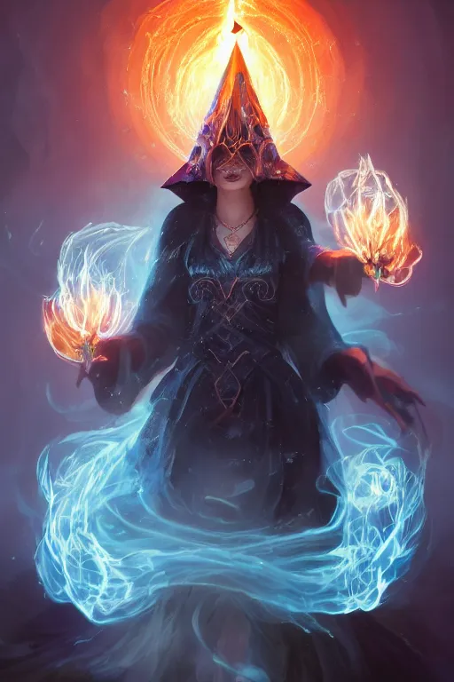 Prompt: a fancy portrait of a beautiful dark magician girl wearing a large witches hat covered in light blue flames flames by Greg Rutkowski, Sung Choi, Mitchell Mohrhauser, Maciej Kuciara, Johnson Ting, Maxim Verehin, Peter Konig, final fantasy , mythical, 8k photorealistic, cinematic lighting, HD, high details, atmospheric,