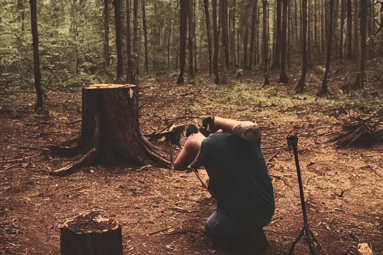 Image similar to terrible dark forest in the depths of which there is a thick butcher in a dirty shirt, chopping meat on a wooden stump, filmed hidden on a phone camera, Cinematic, wildlife photography, 35mm, photo on iphone