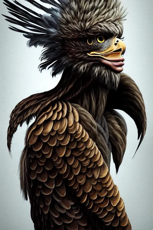 Prompt: epic professional digital art of female human - eagle hybrid animal wearing air force jumpsuit, humanoid feathered head, eagle beak, painting, by iris van herpen, artgerm, leesha hannigan, artstation, cgsociety, wlop, epic, much wow, much detail, gorgeous, detailed, cinematic, masterpiece