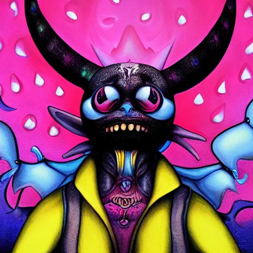 Image similar to a detailed painting of a baphomet poorly disguised as Pikachu by Junji ito and Lisa frank, mobius, giger, escher, neon color scheme, artstation,8k,artstationHD,artstationHQ, cinematic, diffuse lighting