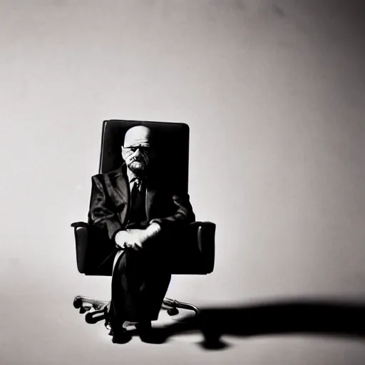 Image similar to walter white from back sitting on chair standing photo by annie leibovitz 8 0 mm lens bokeh