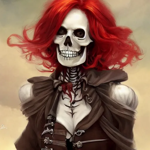 Prompt: cute & beautiful smug smiling undead skeleton girl with very attractive face and red hair dressed as a pirate, elegant, digital art, fullbody painting, fantasy, pixar style, painting, pin up, highly detailed, artstation, art by artgerm, vrubel, greg rutkowski, ilya kuvshinov, raymond swanland