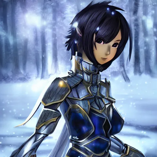 Prompt: portrait focus of knight beautiful 3D anime girl, bionic armor wearing, dark forest background, snowing, bokeh, inspired by Masami Kurumada, digital painting, high contrast, unreal engine render, volumetric lighting, high détail