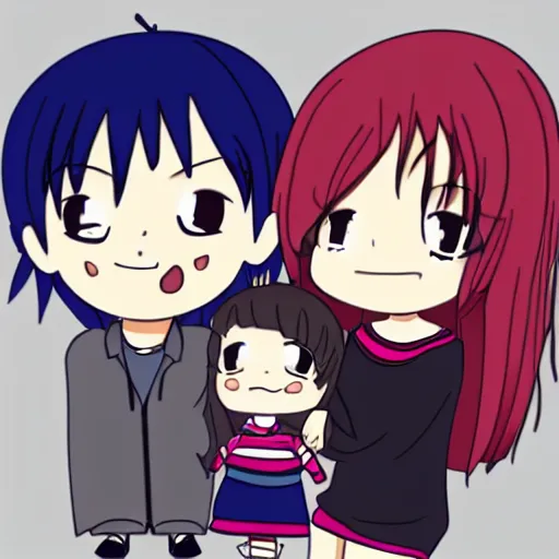 Image similar to a chibi mum with a chibi dad hugging their chibi daugher