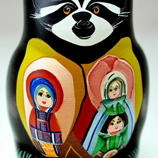 Prompt: a Russian nesting doll painted like a raccoon, Matryoshka doll, detailed photo