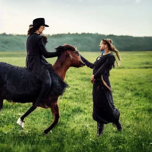 Prompt: a witch transforming people into horses with her magical powers , in a meadow