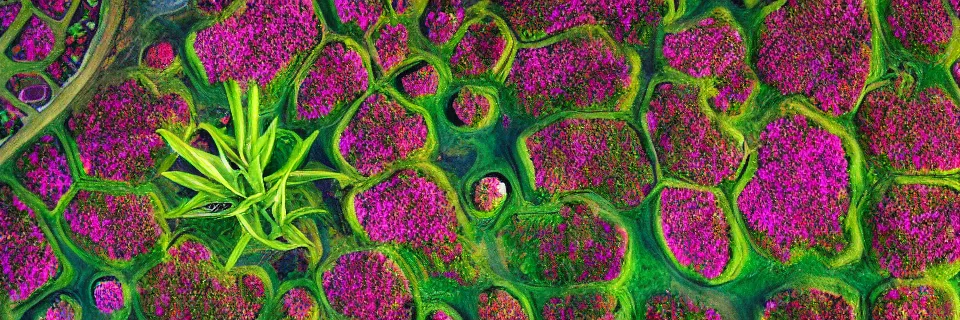 Image similar to Solarpunk synthetic plants blooming, close-up from above, colourful, 8k, stunning masterpiece, award winning, world press photo, futuristic, intense atmosphere by photographer Will Ellis