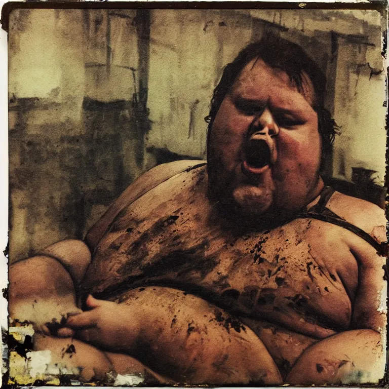 Prompt: a dirty grunge painting with dark and muted colors of a very very fat man in his underwear sitting on the couch drinking beer. an apartment full of dirt with torn wallpaper in the background. photorealistic 1 9 7 0 s polaroid flash photography, complex massive detail.