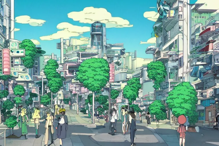 Image similar to an optimistic futuristic city street with a pop cannabis motif, by studio ghibli