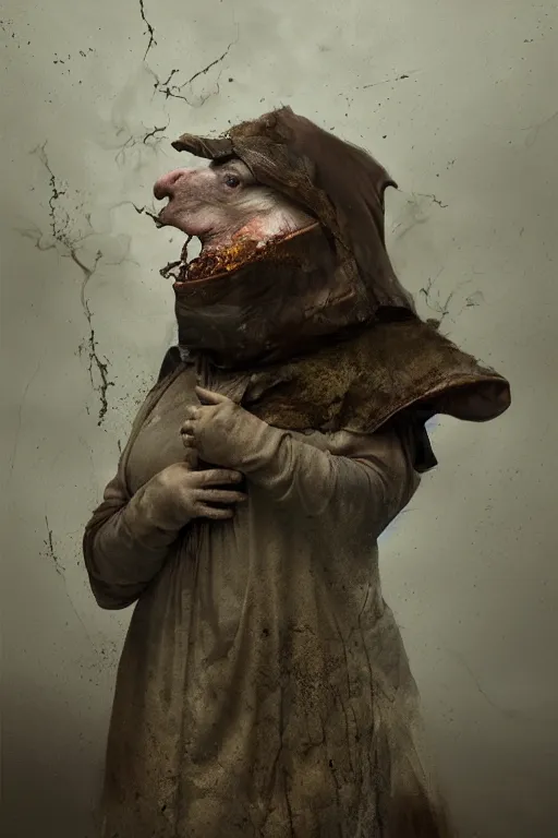 Image similar to a obese gray sniveling rat person wearing a decaying brown cloak, color painting by michal karcz