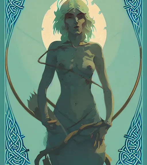 Prompt: tarot card of a celtic naturepunk by atey ghailan, by greg rutkowski, by greg tocchini, by james gilleard, by joe fenton, by kaethe butcher, dynamic lighting, gradient light blue, brown, blonde cream and white color scheme, grunge aesthetic