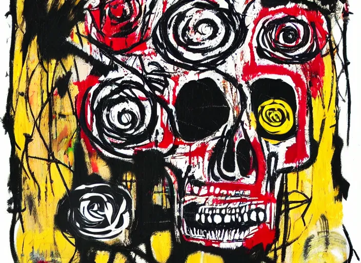 Prompt: bokeh roses growing out of one single skull by jean-michel basquiat, david choe and alex gray painting, intricately highly detailed art piece