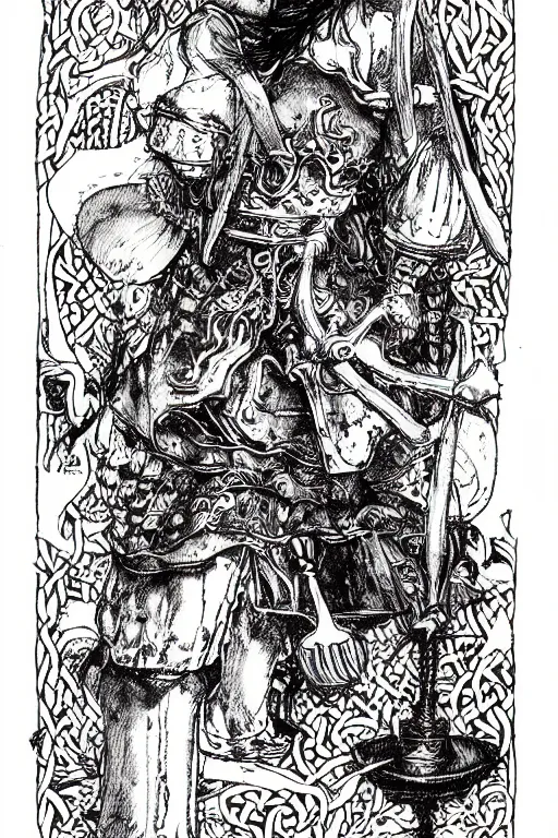 Image similar to Viking Alice in wonderland tarot card , pen and ink, intricate line drawings, by Yoshitaka Amano, Ruan Jia, Kentaro Miura, Artgerm, watercolor