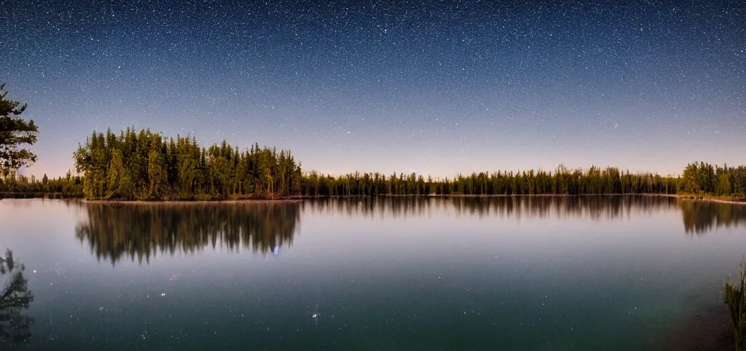 Prompt: a lake with pink flowing water under the stars surrounded by luscious trees