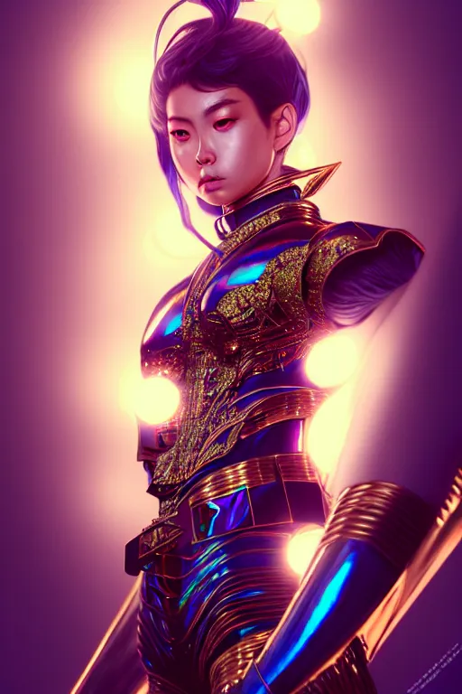 Image similar to hyperdetailed portrait of a stunningly beautiful movie 3 0 years old star androgynous guard made of iridescent metals, shiny gems, inspired by ross tran and wlop and masamune shirow and kuvshinov, concept art, intricate, photorealistic, octane render, rtx, hdr, unreal engine, dnd digital art by artgerm