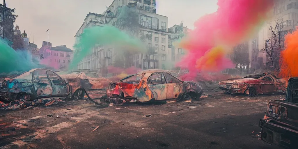 Image similar to post - apocalyptic kreuzberg streets covered in colorful smoke, burned cars, explosions, hyperrealistic, gritty, damaged, drone photography, photorealistic, high details