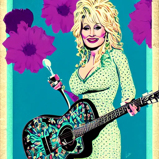 Prompt: young Dolly Parton portrait, posterized, floral, retro