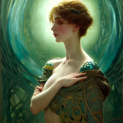 Image similar to pale teal, fantasy, intricate, elegant, dramatic lighting, emotionally evoking symbolic metaphor, highly detailed, lifelike, photorealistic, digital painting, artstation, concept art, smooth, sharp focus, illustration, art by John Collier and Albert Aublet and Krenz Cushart and Artem Demura and Alphonse Mucha