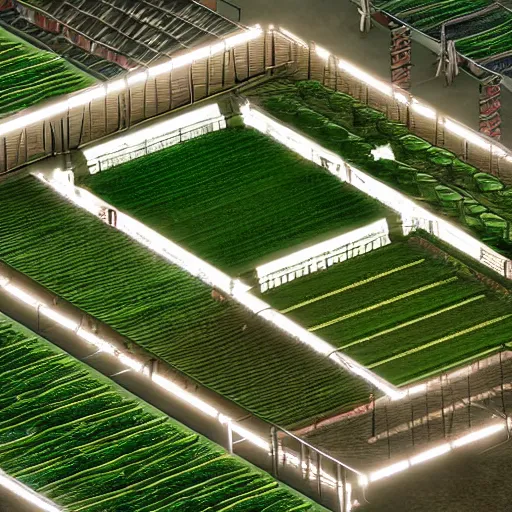 Prompt: a farm inside of a stadium, hyperrealistc, solarpunk, utopian socialism, detailed, 4K, cinematic