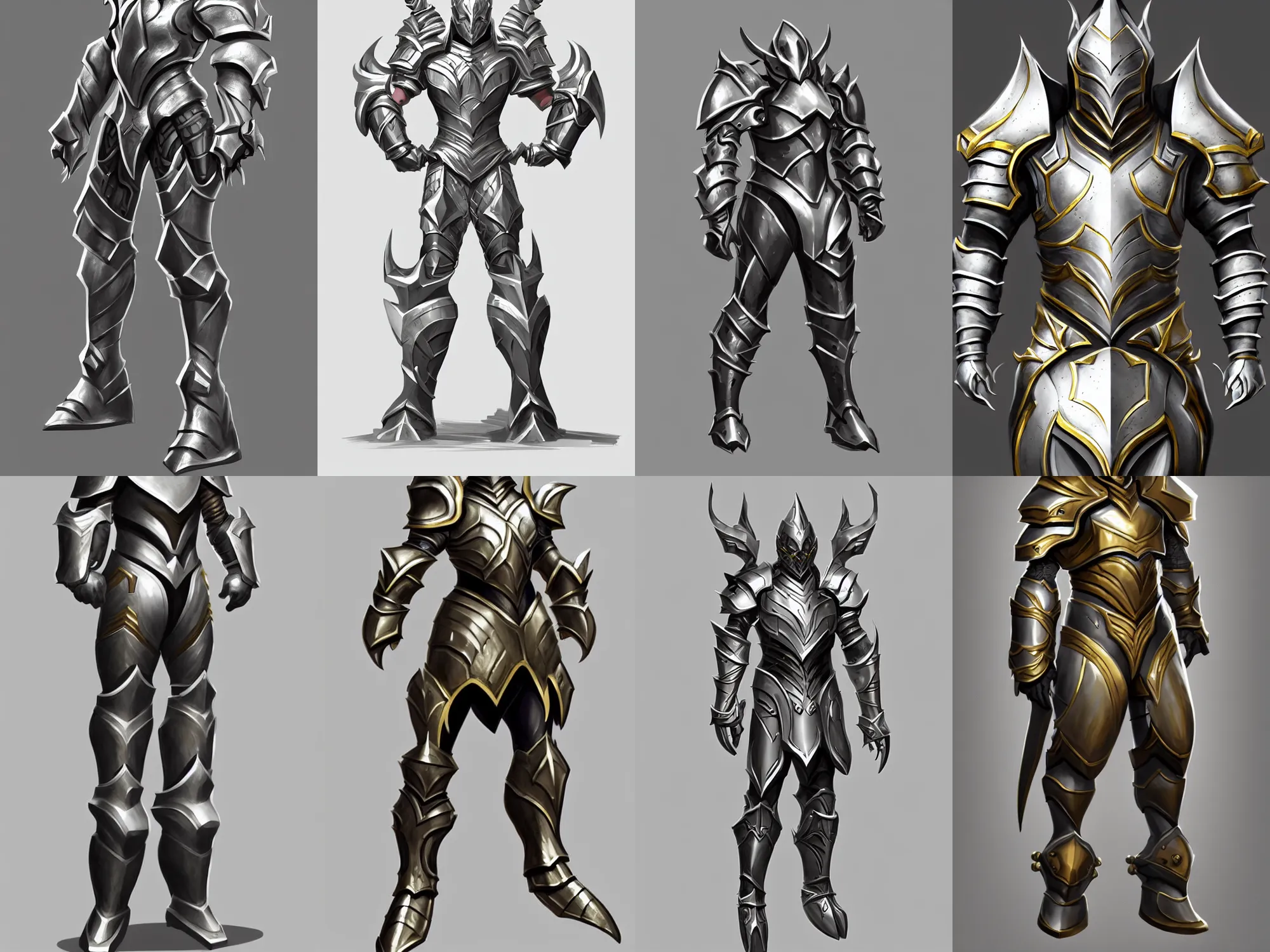 Prompt: heavy fantasy armor, concept sketch, silver with gold trim, extremely polished, exaggerated proportions, flat shading, smooth, uncluttered, extremely clean, trending on artstation, trending on polycount, fantasy character portrait, professional concept art, front view, A-pose, full body