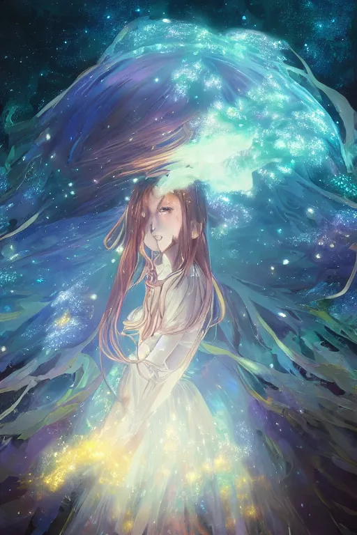 Image similar to anime key visual of a beautiful girl wearing a dress made of stars and nebulae, dramatic, volumetric lighting, planets in the background, intricate, magical forest, stunning, highly detailed, digital painting, artstation, smooth, hard focus, illustration, art by artgerm and greg rutkowski and alphonse mucha