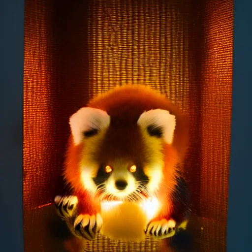Prompt: translucent glass red panda lit from inside, glowing, studio lighting