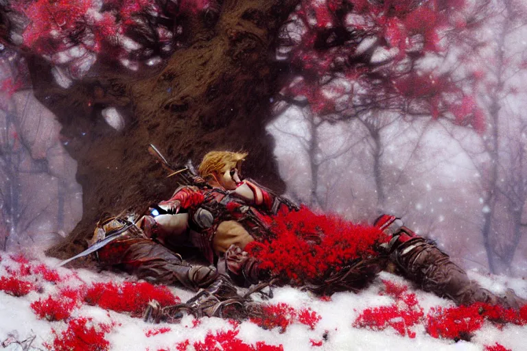 Image similar to winter, a male warrior relaxing under a huge tree with red flowers, ground covered with snow, extreme long shot, fantasy, painting by gaston bussiere, craig mullins, j. c. leyendecker, trending on artstation