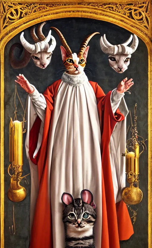 Image similar to a bipedal cat that has goat horns, anthropomorphic cat that is wearing robes, oil painting, by sandro botticelli, dnd, character reveal, cosmic, magical, fog, noble, full body portrait, intricate, ornate, extremely detailed, cult, ritual, 4 k, 8 k