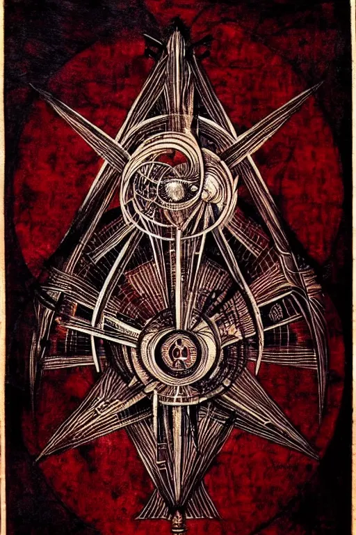 Prompt: masterpiece, symmetrical occult summoning sigil calligraphy, old stained paper texture, elegant crimson and black ink linework, by leonardo da vinci, h. r. giger, biomechanical, alchemy, monogram