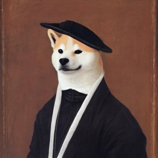 Prompt: renaissance portrait painting of shiba inu in a tuxedo