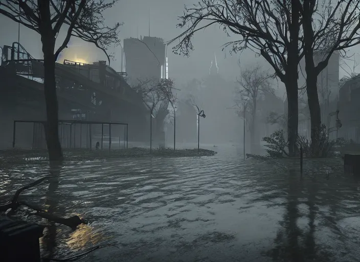 Image similar to dark, misty, foggy, flooded new york city street swamp in Destiny 2, liminal creepy, dark, dystopian, abandoned highly detailed 4k in-game destiny 2 screenshot gameplay showcase