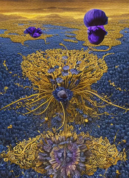 Image similar to detailed, intricate blue black and purple papaverum flower on the field, nebula, galaxy in the sky, winning award masterpiece, fantastically beautiful, illustration, aestheticly inspired, jacek yerka, upscale with anguissola sofonisba work, artstation, 8 k