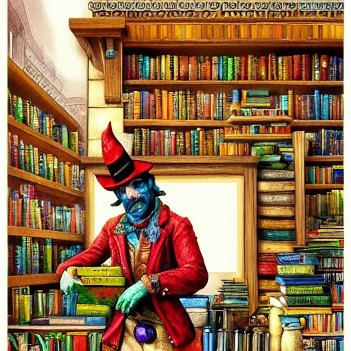 Image similar to Anthropomorphized parrot trader in his shop, shelves full, books, selling a gem, portrait, items, magic potions, carpet, window, fancy funny hat, sly expression , cunning expression, cute expression, presenting magic gem, D&D, fantasy, cinematic lighting, highly detailed, digital painting, artstation, concept art, smooth, sharp focus, illustration, warm light, cozy warm tint, magic the gathering artwork, volumetric lighting, 8k, no gold, no gold colours, art by Akihiko Yoshida, Greg Rutkowski