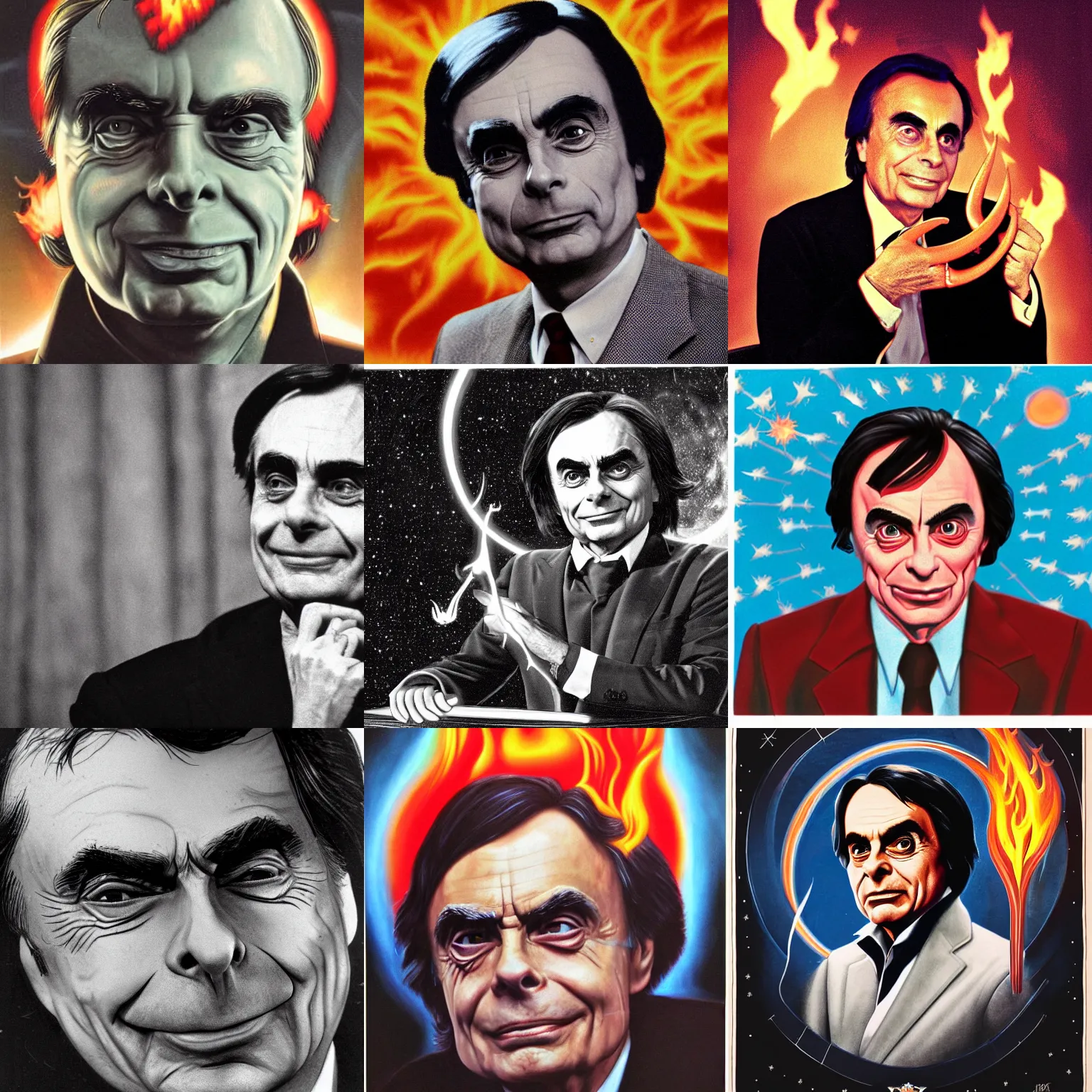 Image similar to Satanic Carl Sagan, portrait. evil. horns. flames. hyper realistic