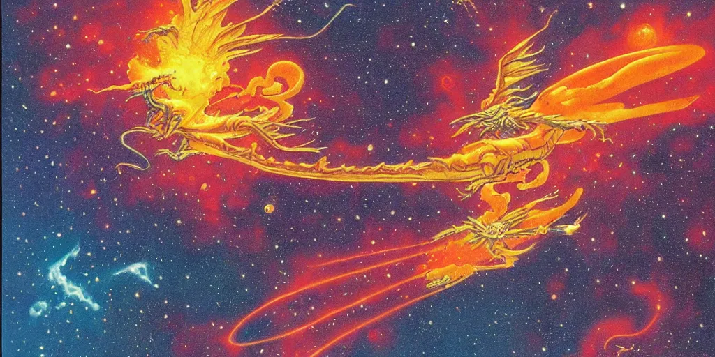 Prompt: an alien dragon flying through outer space, epic nebula, style of jean giraud moebius matte illustration