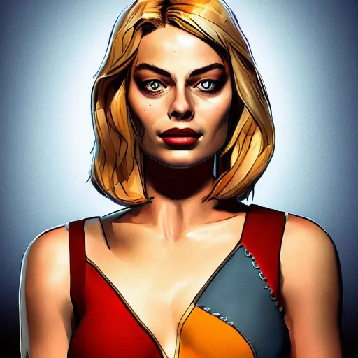 Image similar to margot robbie portrait, borderlands, tales from the borderlands, the wolf among us, comic, cinematic lighting, studio quality, 8 k